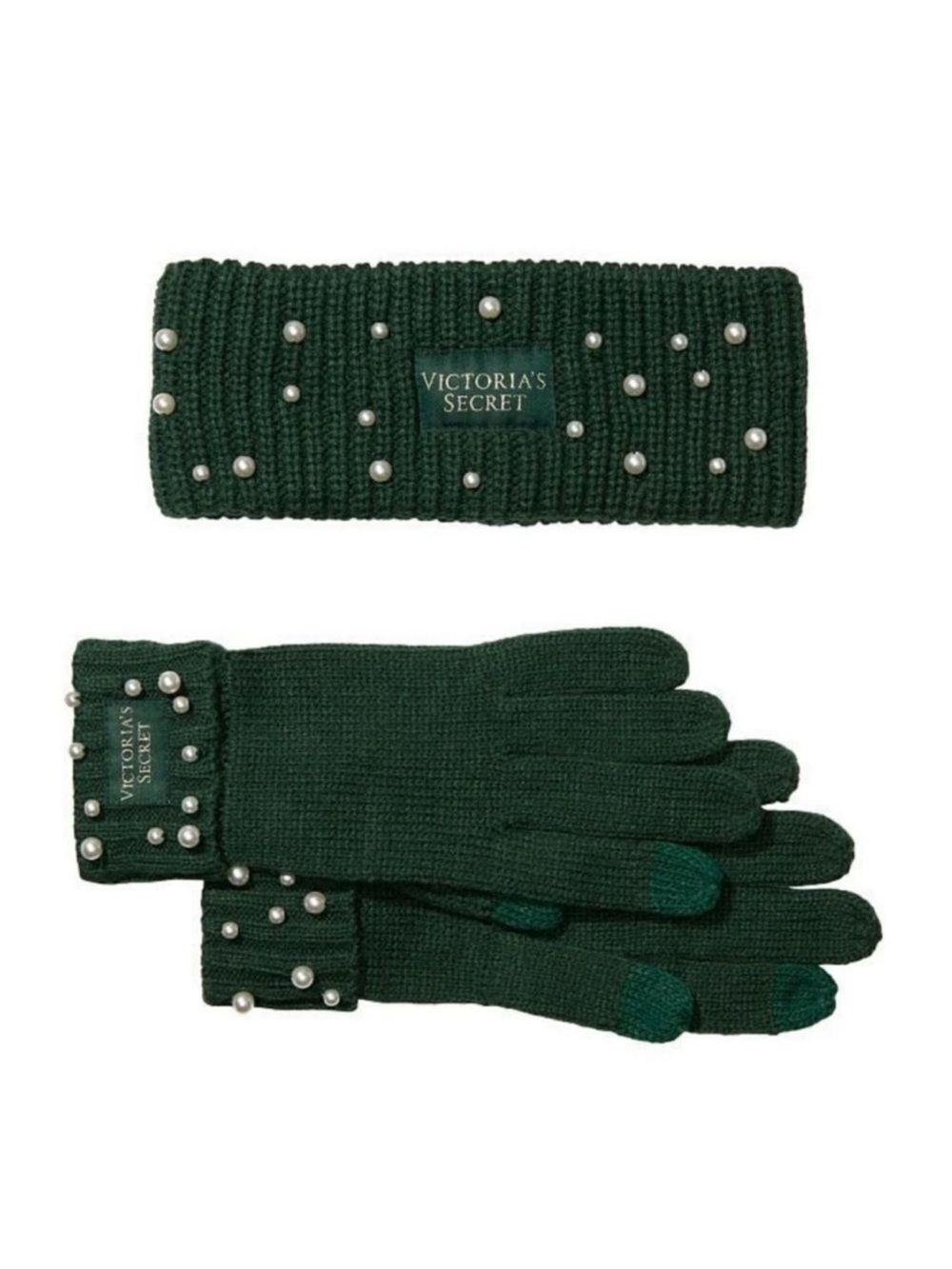 VS Green White Faux Pearl Knit Headband Ear Warmer & Gloves Gift set